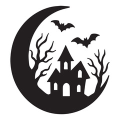 Spooky Halloween Haunted House Silhouette: Crescent Moon, Bats, and Bare Trees, Monochrome Graphic Design.