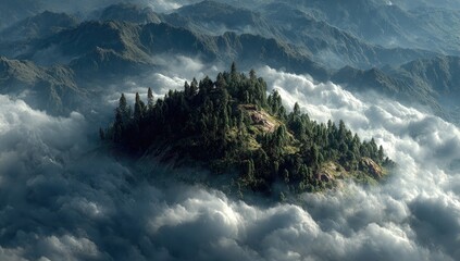 Lush island peak piercing a sea of clouds, nestled high in a mountain range