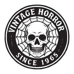 Vintage Horror Skull Emblem: Black and White, Gothic Style, Spooky Halloween Design, Since 1965.