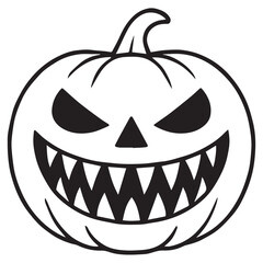 Menacing Halloween Pumpkin Cartoon, Black and White, Spooky Illustration