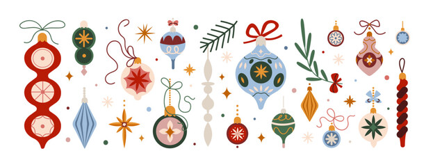 Christmas baubles, ornaments, winter holiday decorations in retro style. Vintage festive Xmas decor, balls. Seasonal adornments with pattern. Flat vector illustrations set isolated on white background
