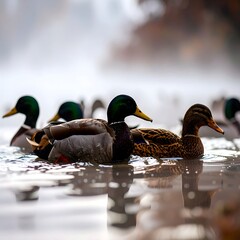 Ducks swimming in a foggy pond