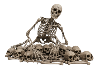 A large, detailed skeleton sits atop a pile of skulls and bones against a black background, evoking a somber and macabre scene.