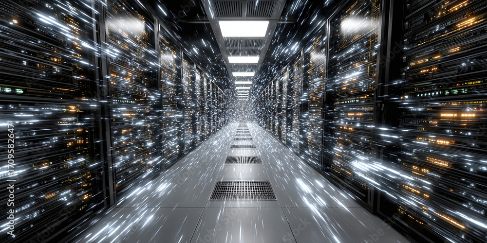 Poster data center corridor a perspective view into the digital infrastructure server racks, tech