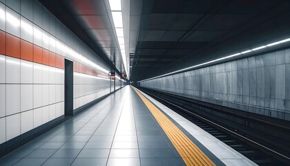 Empty subway platform with dramatic lighting and long perspective