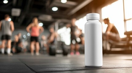 Solid white bottle on gym bench with blurred people working out in background active fitness scene focus on bottle dynamic composition clean sports setting