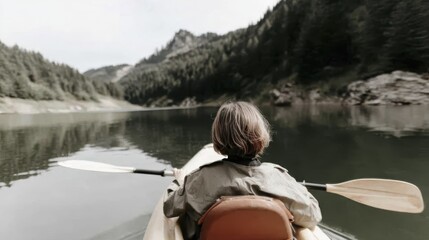 Fototapeta premium Tranquil kayaking adventure on serene mountain lake amidst lush forest scenery