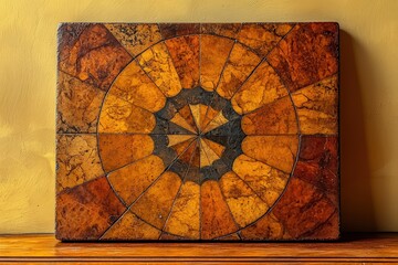 Fototapeta premium Geometric sunburst pattern on rustic marble tile artwork against warm ochre wall on wooden shelf interior decor