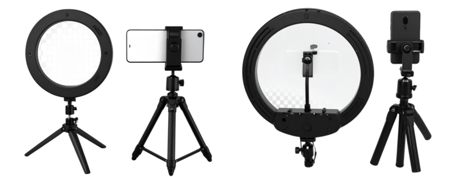 Set White Ring Light Flat Lay Isolated on Transparent Background PNG