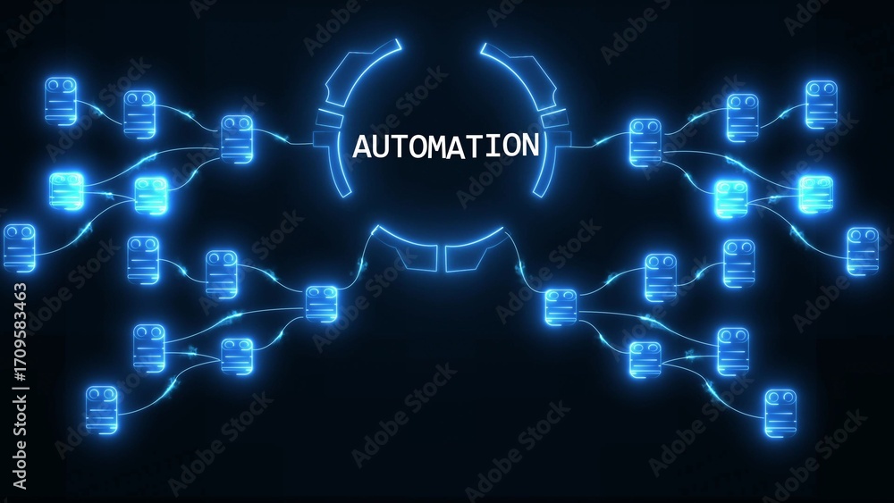 Wall mural abstract blue neon network of connected nodes with the word automation in the center technology conn