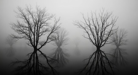 Bare trees with visible roots reflected in foggy water during winter