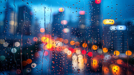 Obraz premium Rain drops on a window pane, night city lights, blurred view of a city.