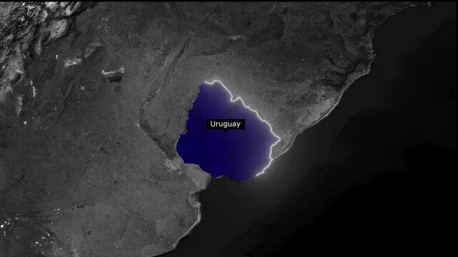 Aerial view of uruguay highlighted in blue against a dark gray continental landscape background