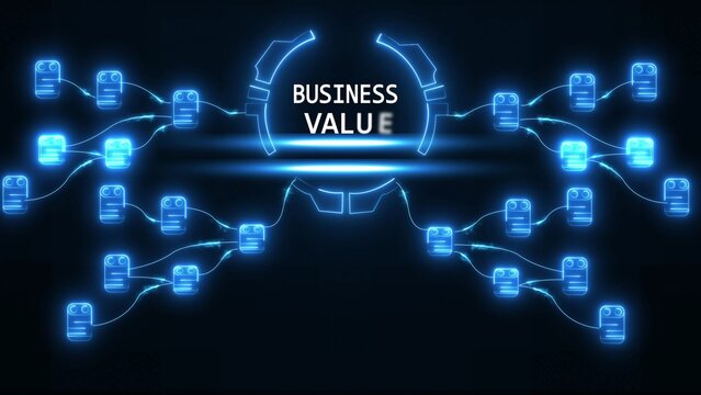 Abstract network of glowing blue digital blocks connecting to central text B U S I N E S V A L U E technology