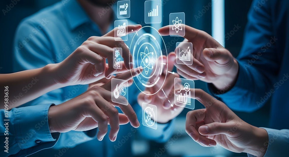 Poster hands engaging with a luminous virtual interface, developing groundbreaking technological concepts a
