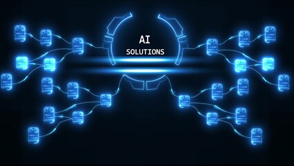Glowing blue A I solutions network with interconnected nodes on dark background AI artificial intelligence