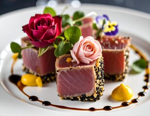 Elegant tuna cubes with flower garnish