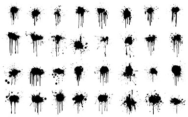 Ink drops. Paint splash, grunge liquid drop splashes, abstract artistic ink splatter. Black ink splashes  illustration set