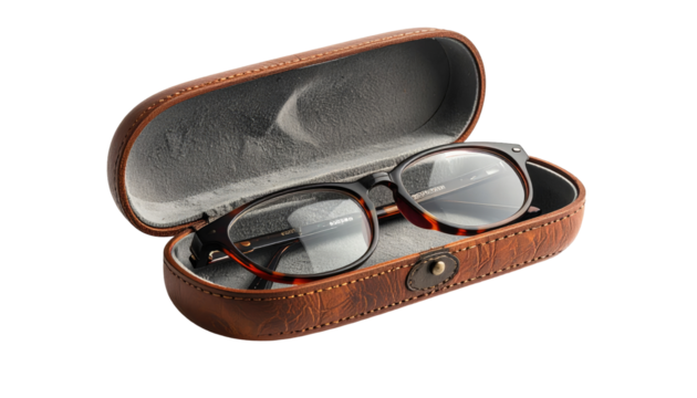 Eyeglasses in a brown case