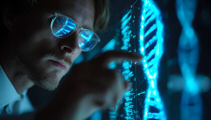Scientist analyzes glowing blue DNA interface on futuristic screen. AI machine learning expert studies digital data network. Man in lab coat examines genetic information, biotechnology, medical