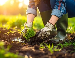 Fototapeta premium 梅雨の合間に草むしりをする長靴の足元