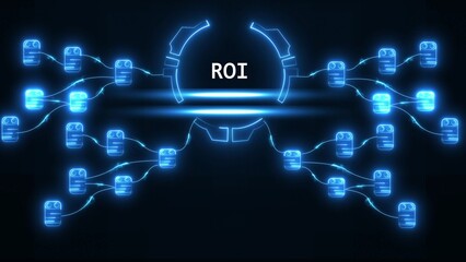 Fototapeta premium Glowing blue network of data blocks connected to central R O I text in futuristic design blockchain technology
