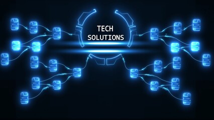 Glowing blue network of data blocks connected by lines with T E C H S O L U T I O N S text in center