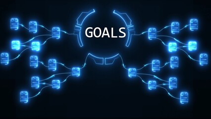 Glowing blue network of nodes and lines connecting to the word G O A L S in a futuristic digital interface