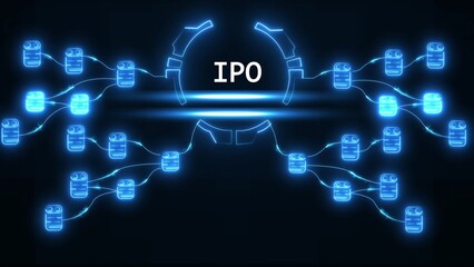 Fototapeta premium I P O initial public offering concept with glowing blue network nodes and central circular graphic finance