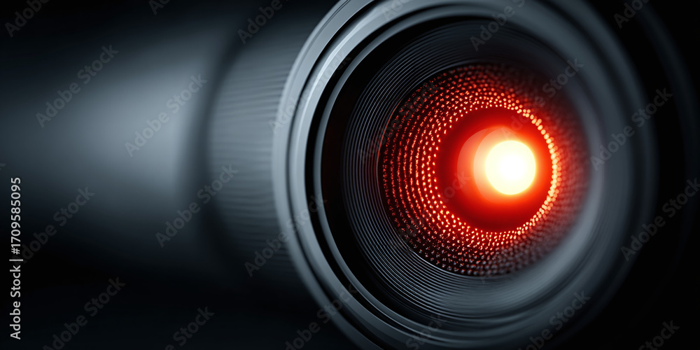 Poster the intense red glow of a sophisticated technological eye or core element, symbolizing artificial in