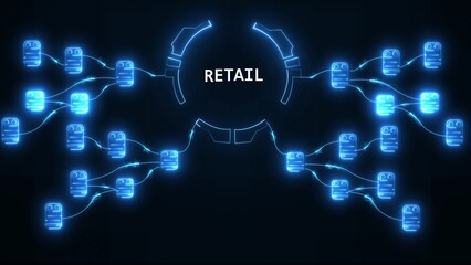 Neon blue network of retail nodes connected by glowing lines on dark background connection technology