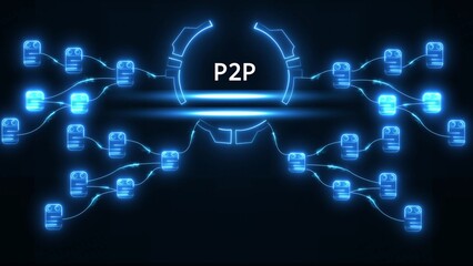 Neon blue P2 P network diagram with connected nodes and central hub P2P network peer to peer