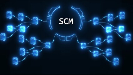 Neon blue S C M network diagram with interconnected nodes on dark background supply chain management