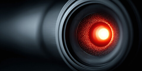 The intense red glow of a sophisticated technological eye or core element, symbolizing artificial intelligence, data processing, and advanced digital surveillance in a sleek, dark environment