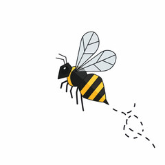 A stylized cartoon bee with black and yellow stripes flying.