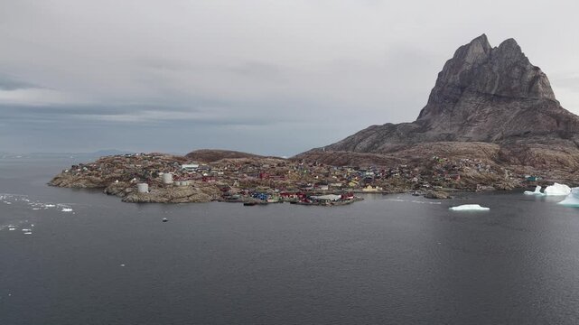 Bird's-eye view. Greenland, Uummannaq town on Uummannaq island, in sunny day
