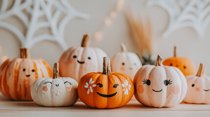 Adorable painted pumpkins with smiling faces create a charming Halloween display. A collection of jack o' lanterns, each uniquely painted with cheerful faces and decorative elements. Halloween season.