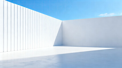 Obraz premium A white minimalist wall with clear blue sky, featuring straight lines and ample sunlight casting shadows on the floor.