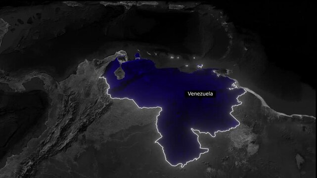 A satellite view of venezuela highlighted in blue with a white outline on a dark map background