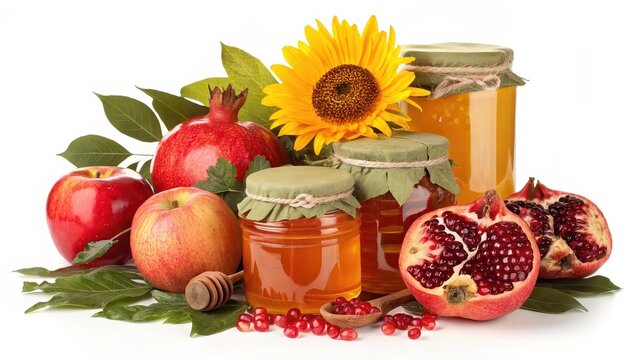 Festive arrangement featuring jars of honey, apples, pomegranates, sunflower, and greenery, symbolizing sweetness and abundance for Rosh Hashanah.