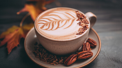 Close-up of a pecan maple latte in a ceramic cup with detailed latte art and pecan crumbles, set on a matching saucer with whole pecans and autumn leaves. Ideal for seasonal or food styling content