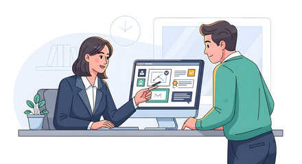 Businesswoman presenting digital data to client on computer screen in office illustration