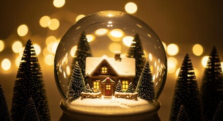 A festive snow globe featuring a cozy house and christmas trees with bokeh lights