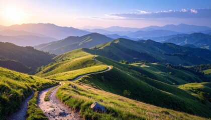Green landscape featuring rolling grassy hills and a winding path