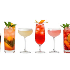 Assortment of colorful cocktails in various glasses isolated on transparent background