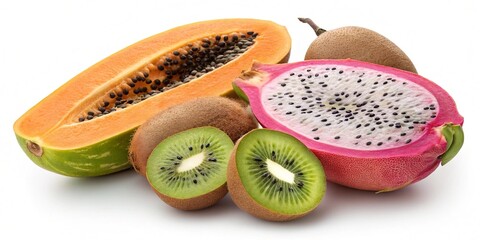 Juicy Exotic Fruits Papaya Kiwi Dragon Fruit Isolated on White Background