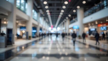 Fototapeta premium Blurred Defocused Bokeh Background of Exhibition Hall Trade Show with Modern White Interior Architecture