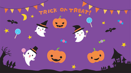Cute Halloween illustration with ghosts, pumpkins, bats, candies and lollipops. Trick or Treat texts. Purple background. Vector illustration.