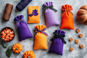 Halloween gift bags in felt fabric with ribbons and candy on marble background. Brightly colored Halloween fabric treat bags glued together. Celebrating festive autumn gifting