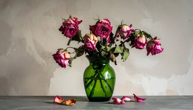 Dried roses in a green vase